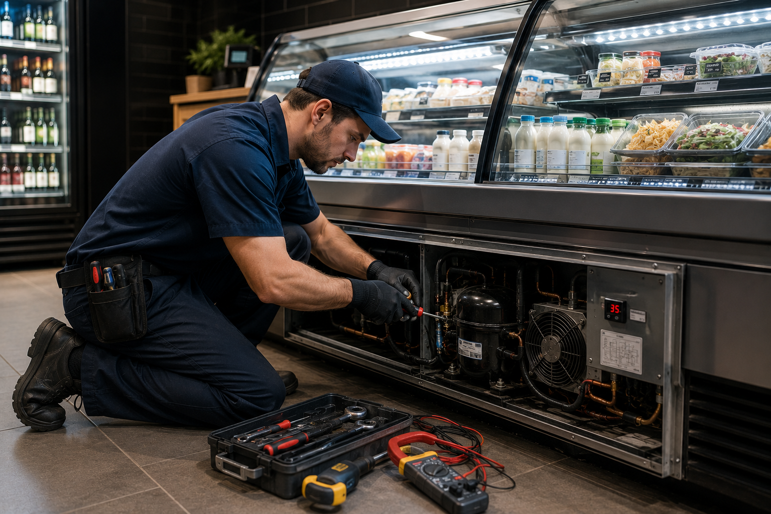 Technician performing maintenance on a commercial display refrigerator case