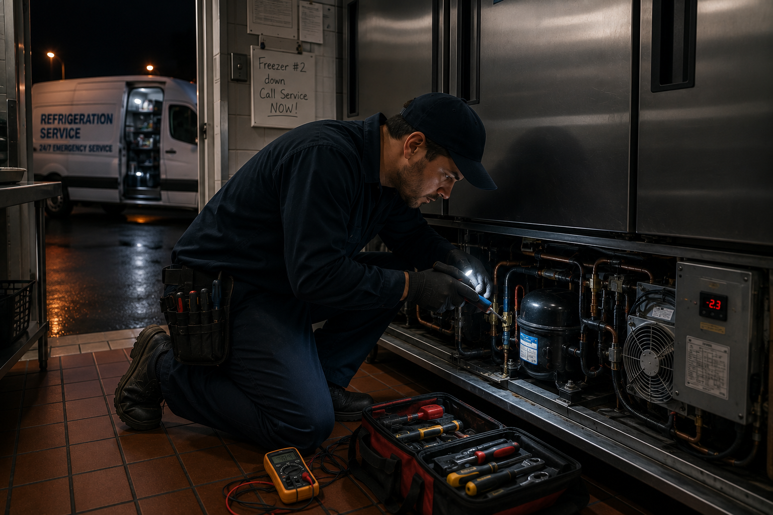 Technician performing an emergency after-hours repair on refrigeration equipment