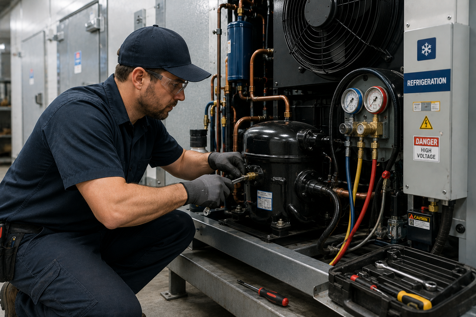 Technician servicing a commercial refrigeration compressor unit