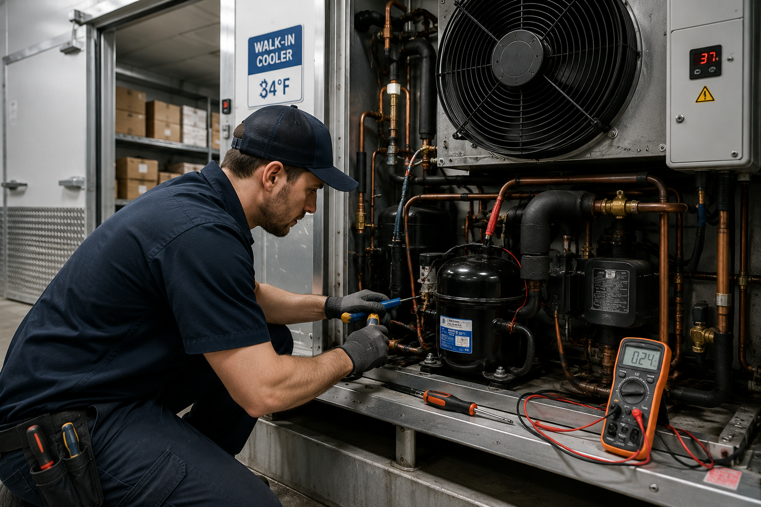 Technician repairing the compressor unit of a walk-in cooler